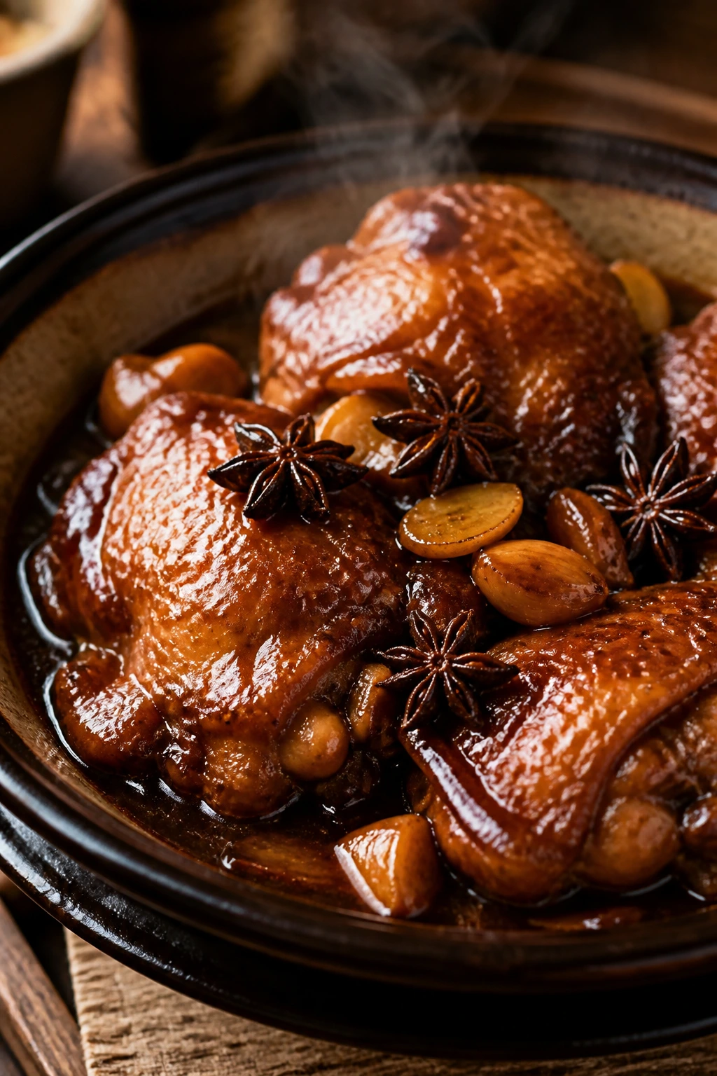 Soy-braised chicken with star anise in glossy brown sauce