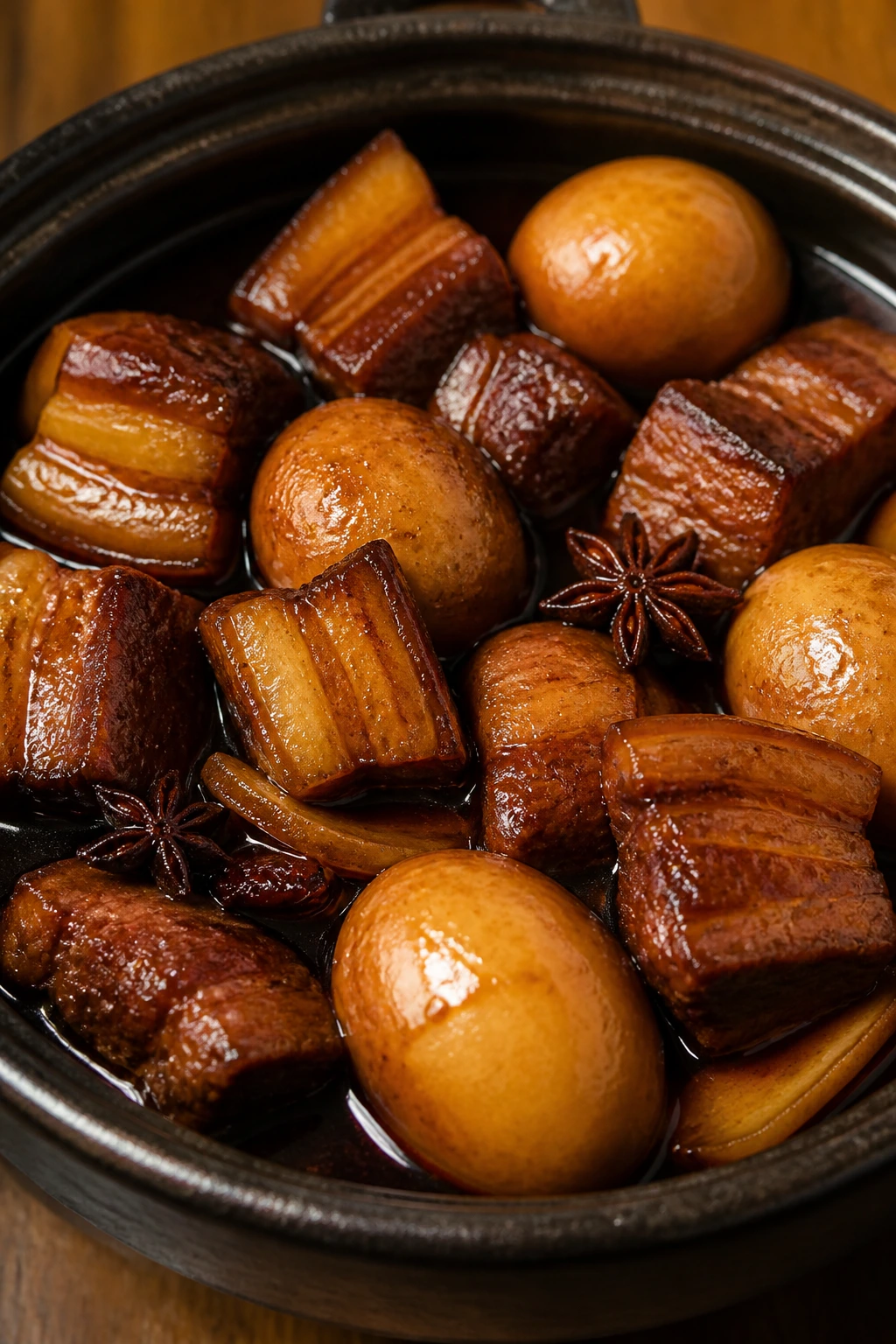 Close-up of glossy soy braised pork belly and eggs in dark sauce