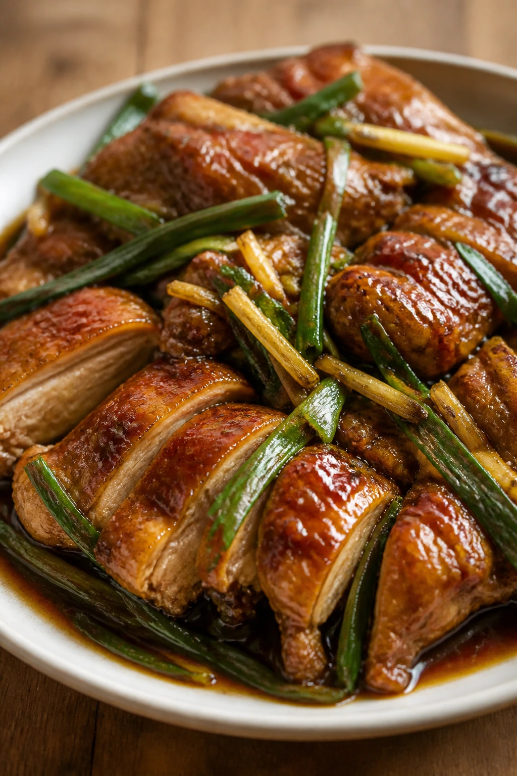 Close-up of Cantonese soy chicken with ginger and scallions