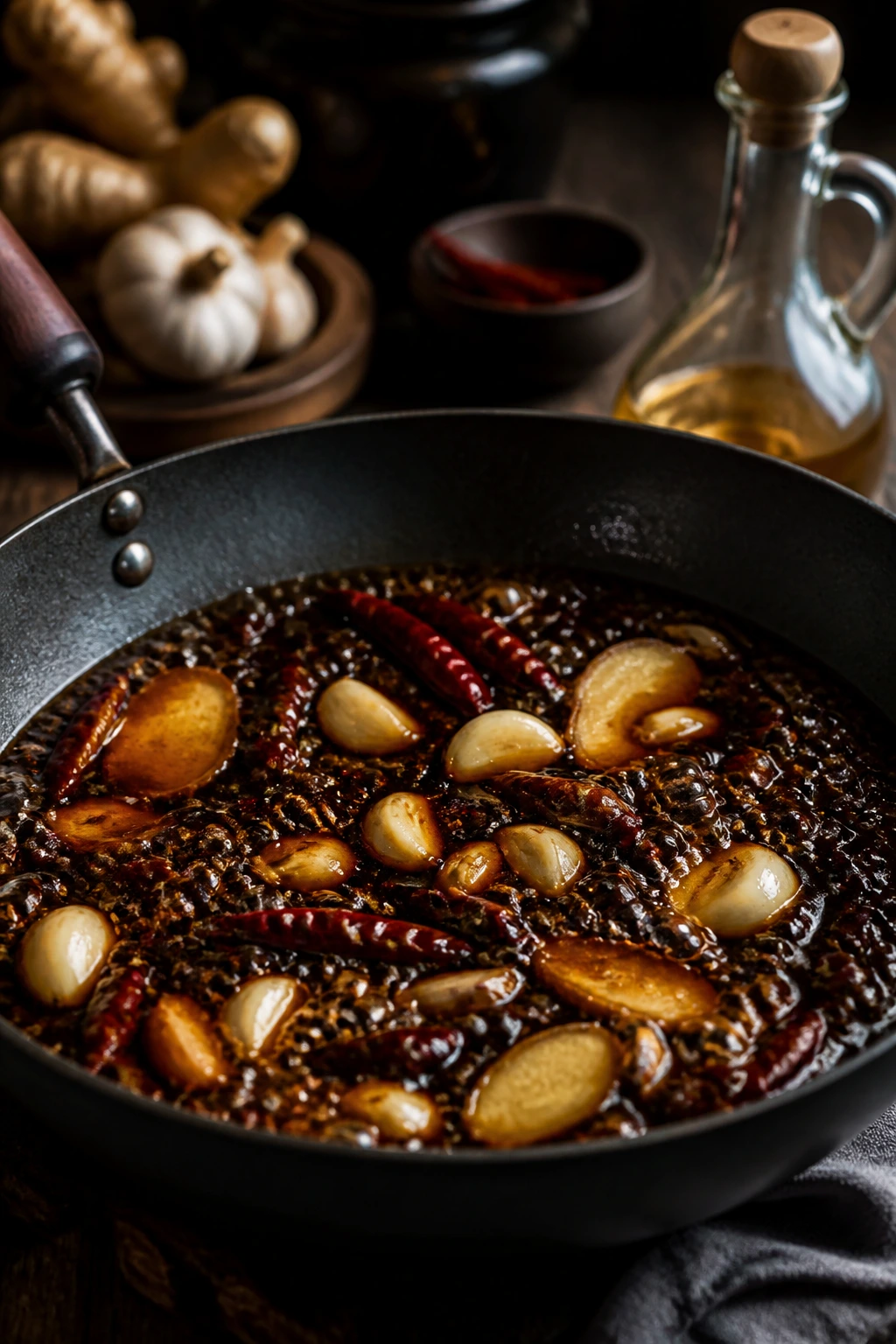 Simmering pan with soy sauce, garlic, and ginger forming a flavor base in a kitchen