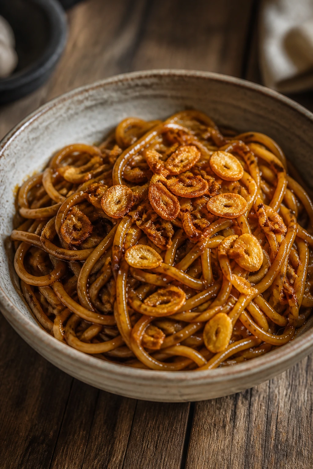 Close-up of glossy soy-garlic noodles with crispy garlic in a bowl