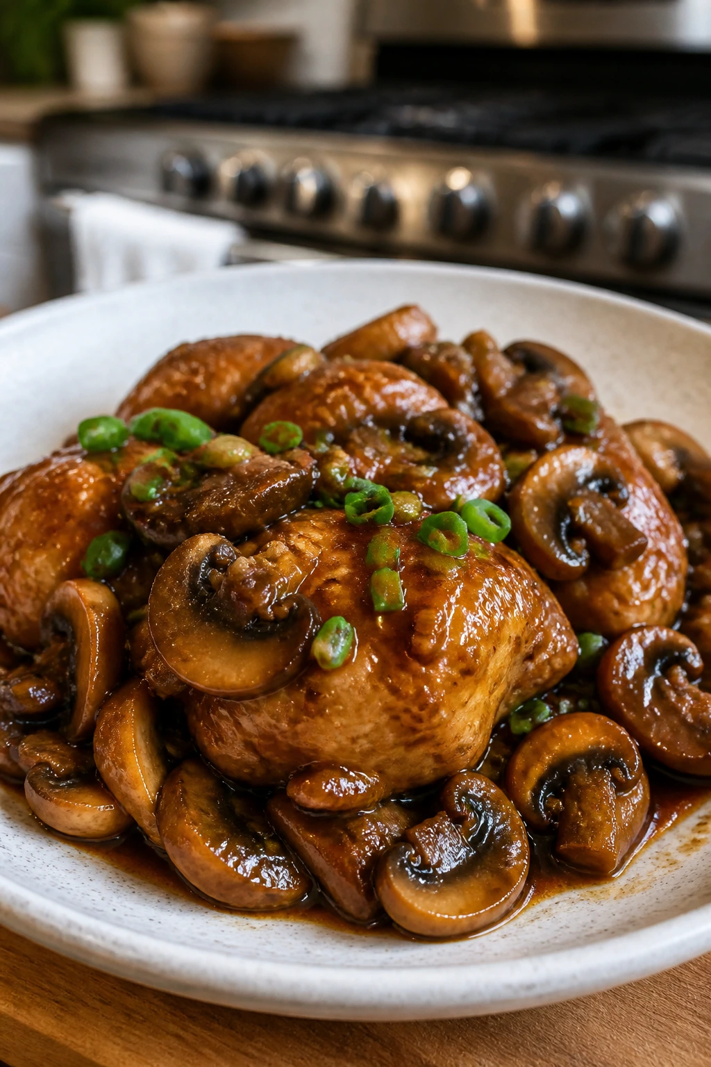 Close-up of soy-ginger chicken with mushrooms on plate in kitchen