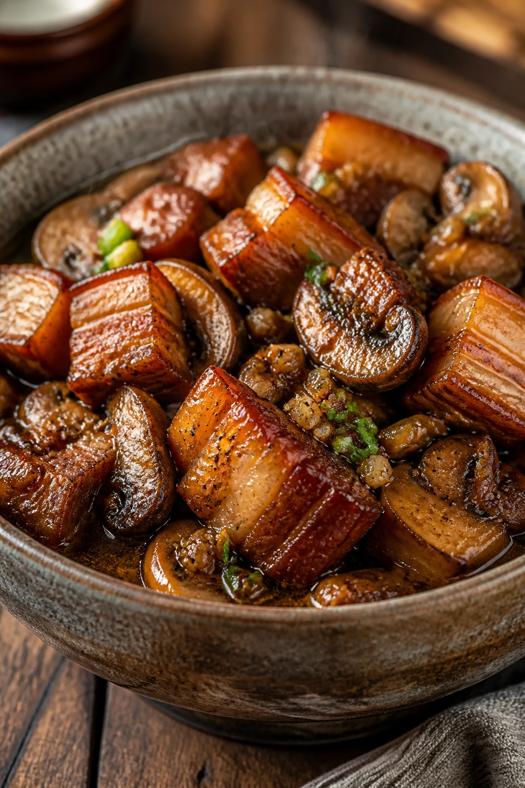 Pork belly with soy-ginger glaze and mushrooms in rustic bowl