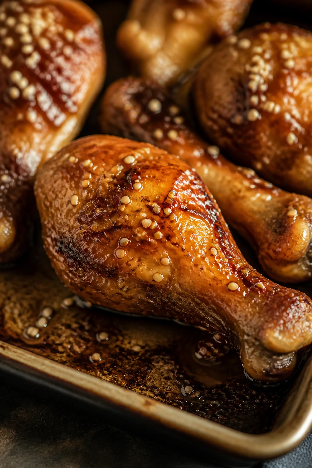 Close-up of soy-glazed roasted chicken drumstick with sesame seeds