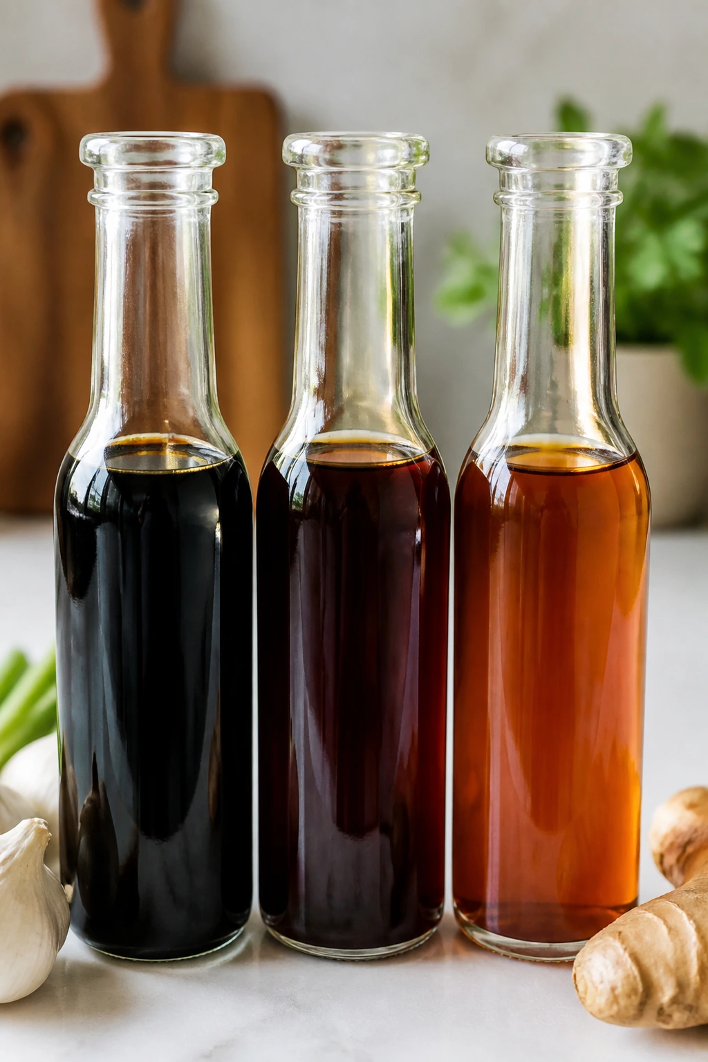 Three plain unlabeled sauce bottles on a counter