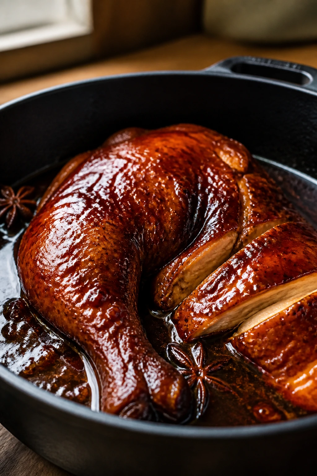 Glossy lacquered soy sauce chicken leg on a rustic kitchen counter