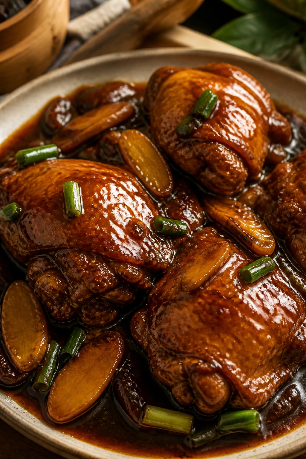 Braised soy sauce chicken thighs in dark glaze with ginger and scallions