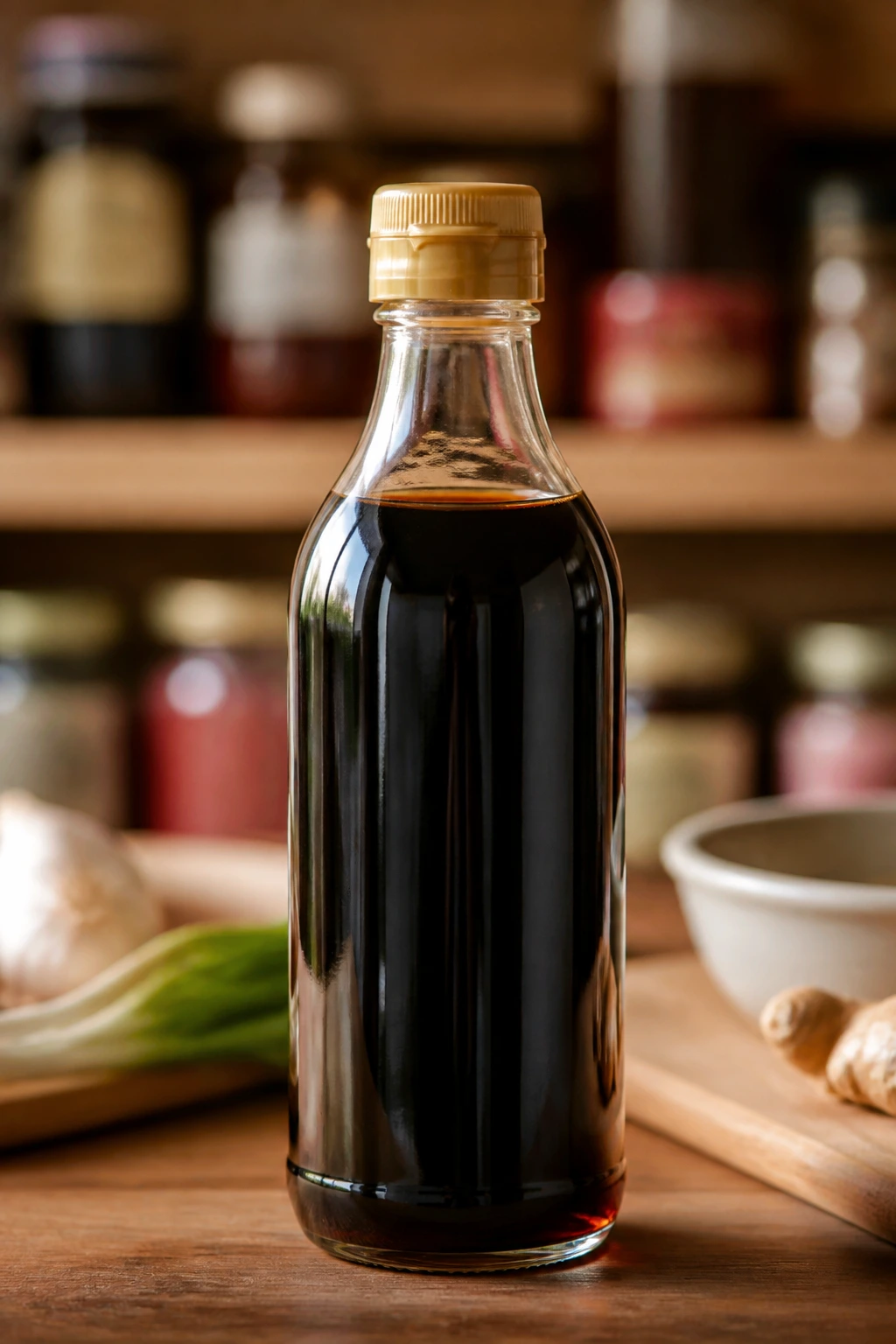 Light soy sauce bottle on wooden counter with warm kitchen backdrop