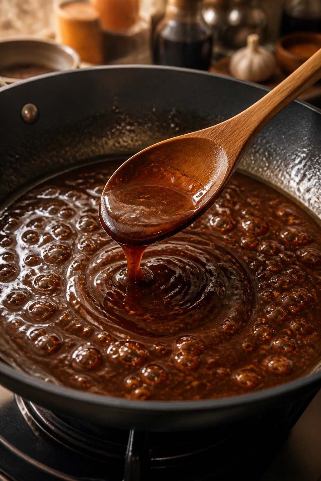 Glossy pan sauce with garlic and ginger in a swirl