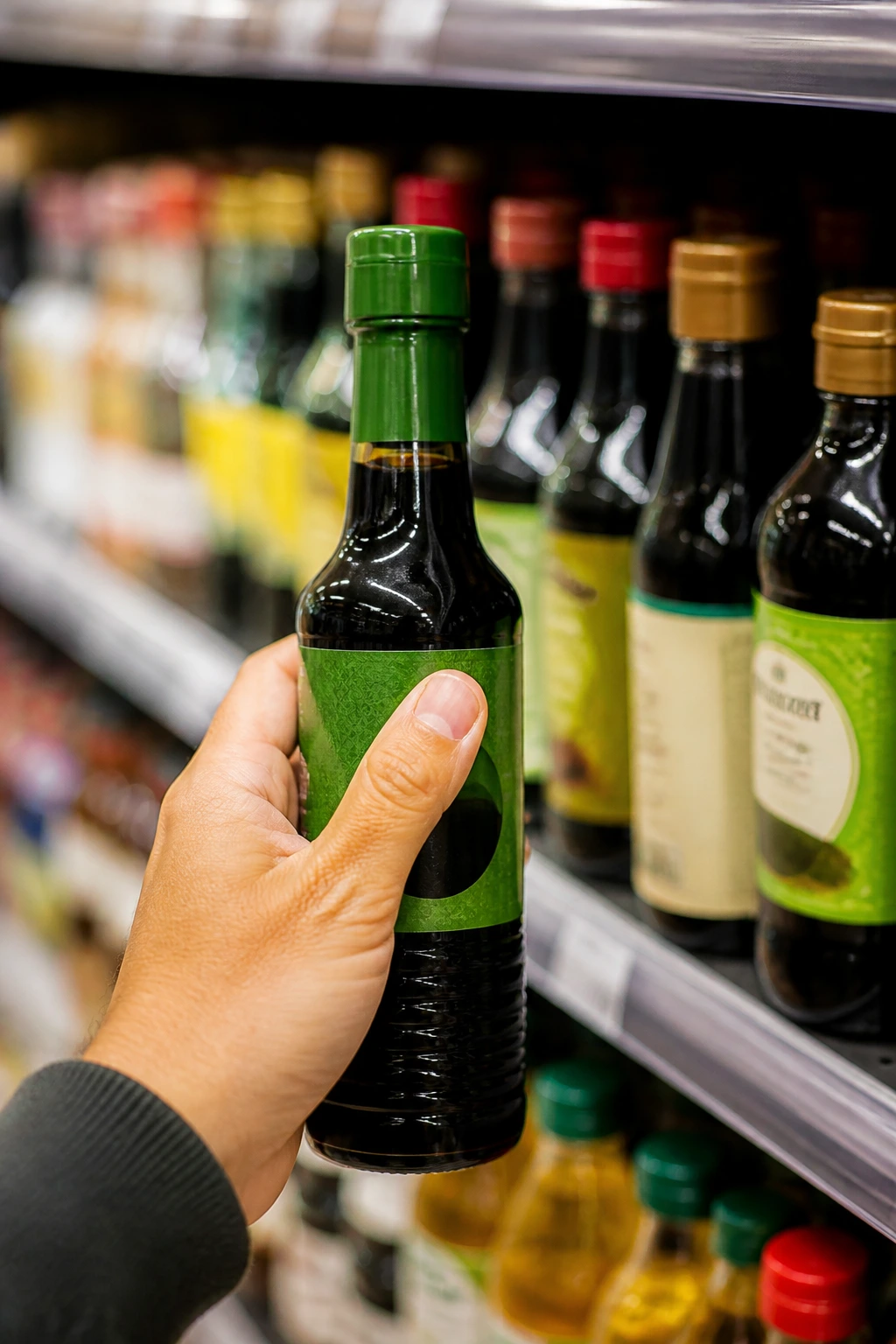 Hand selecting low-sodium soy sauce in grocery store aisle
