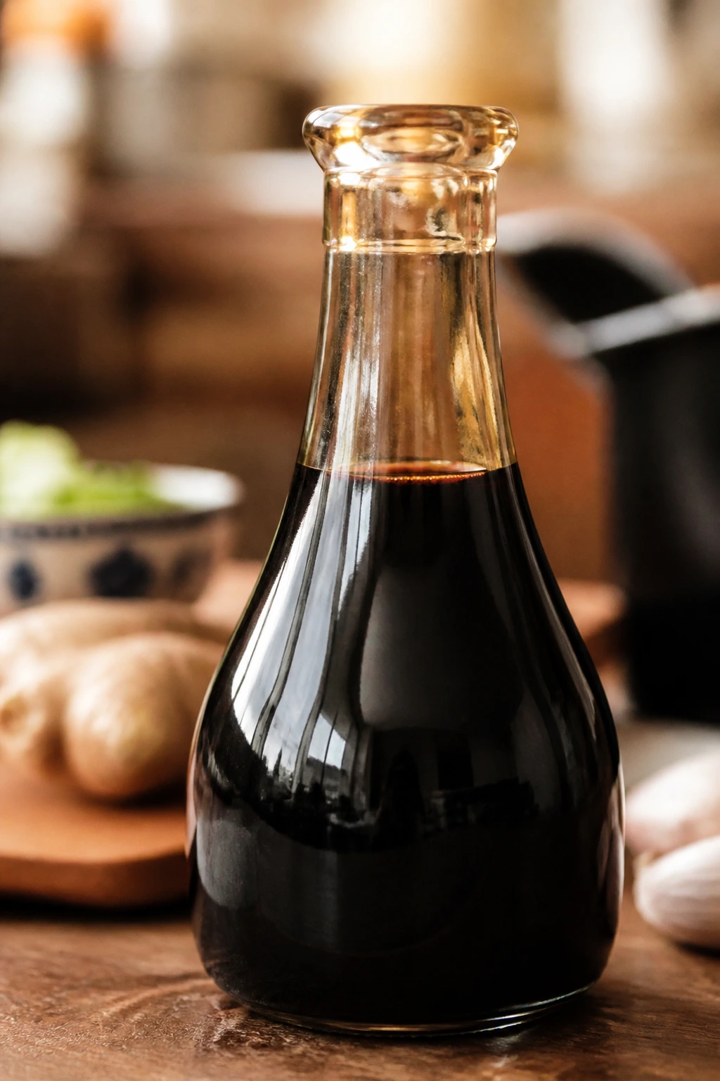 Soy sauce bottle on a kitchen counter with no label