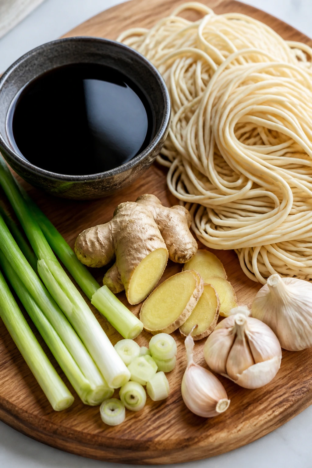 Top-down view of soy sauce bowl, noodles, ginger, garlic, and scallions on wood board