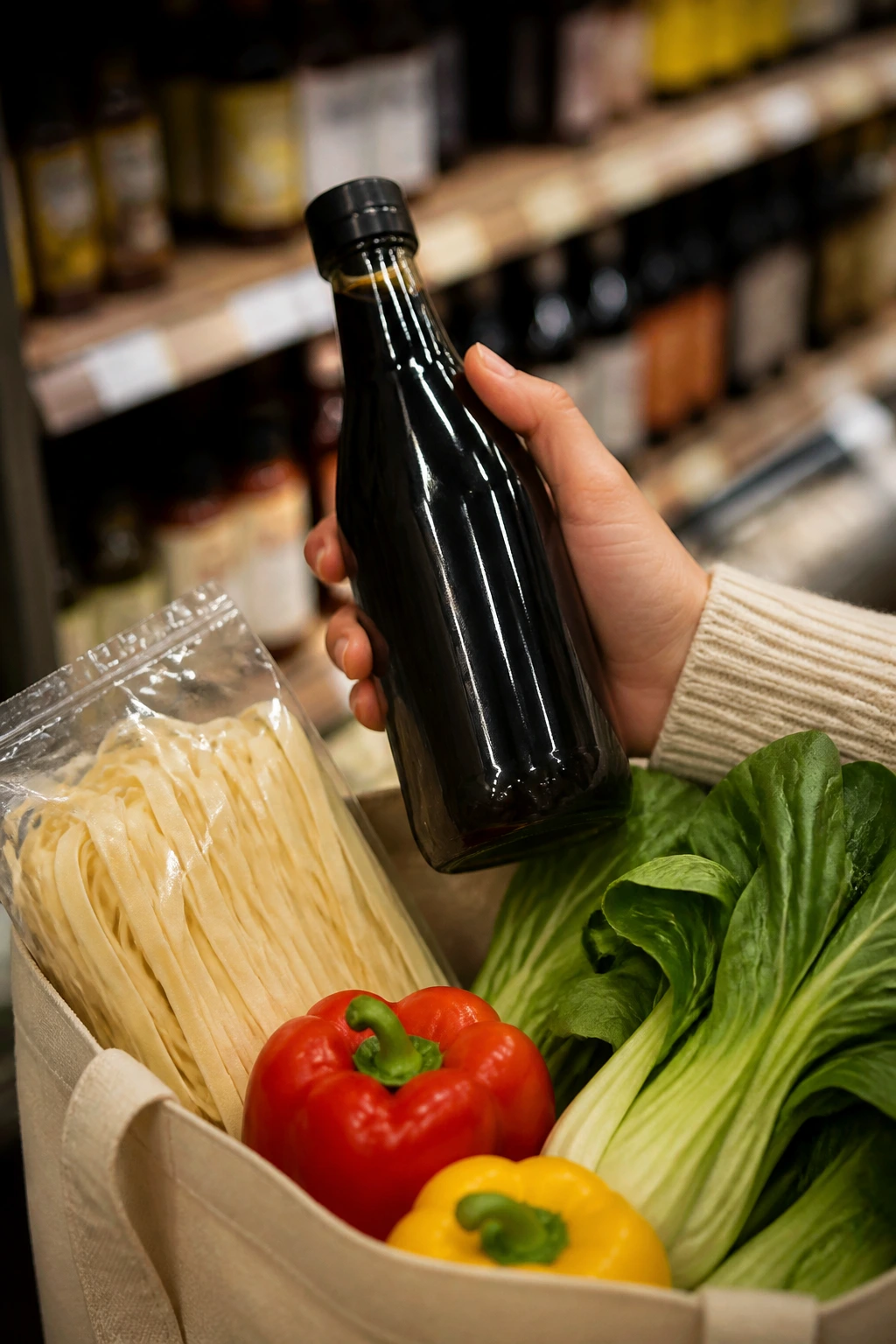 Close-up of soy sauce bottle, noodles, and fresh produce in a grocery aisle with no labels