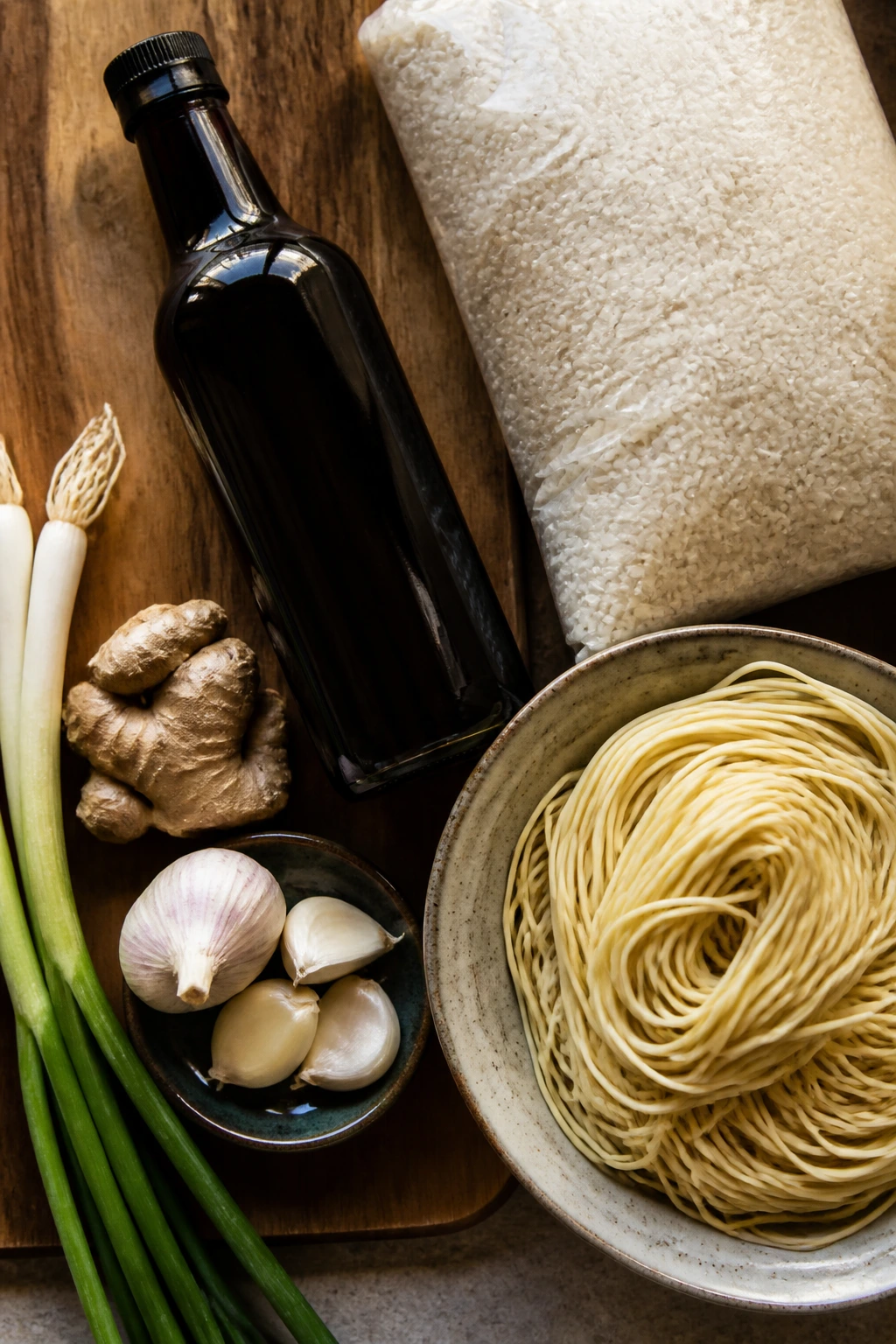 Top-down view of pantry staples: soy sauce bottle, rice bag, noodles, garlic and ginger