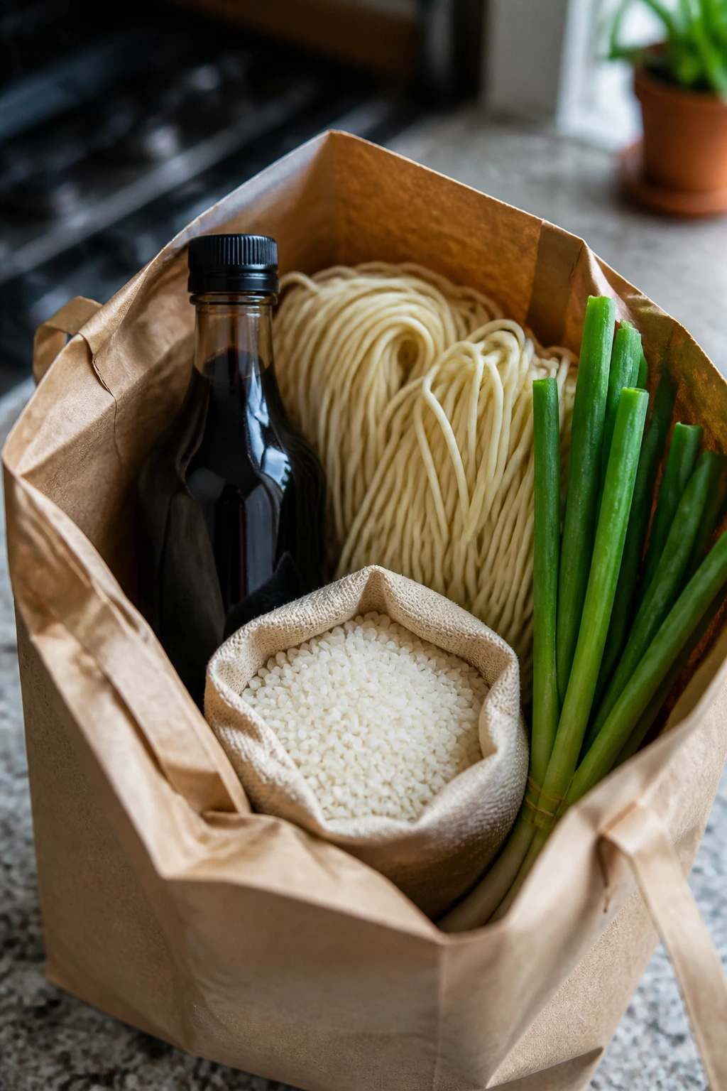 Plain grocery bag open with soy sauce, noodles, rice, and produce