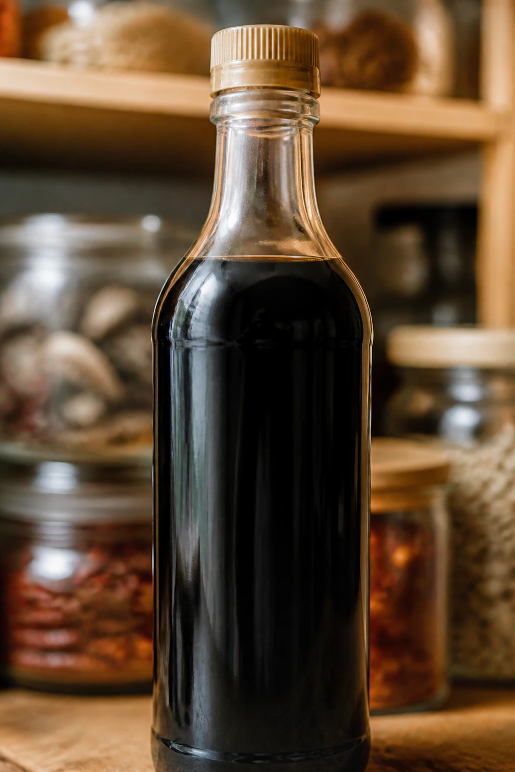 Plain glass bottle of light soy sauce on a pantry background.