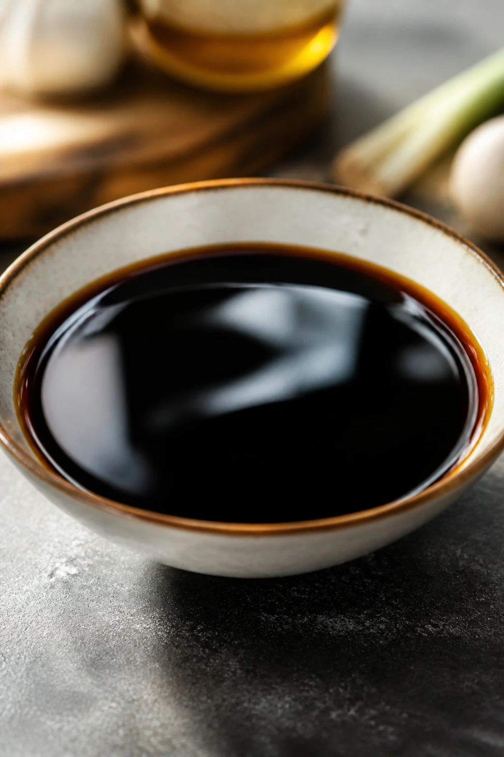 Dark soy sauce in a small bowl with sesame oil sheen
