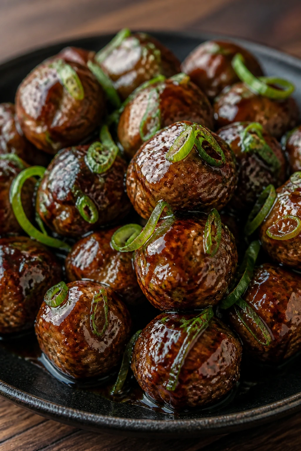 Meatballs with sticky soy scallion glaze on dark plate