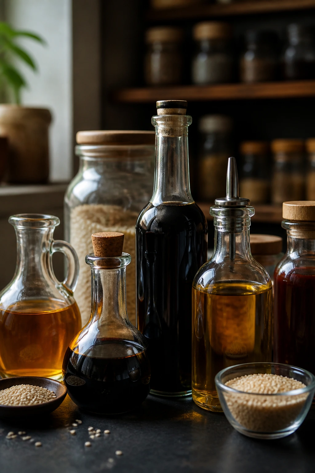 Unlabeled glass bottles on a dark kitchen counter