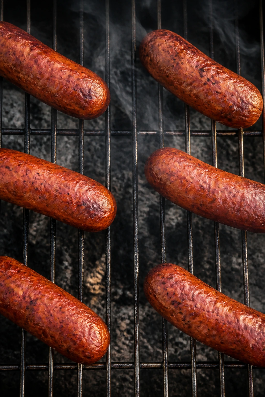 Top-down view of spaced sausage links cooking in a smoker