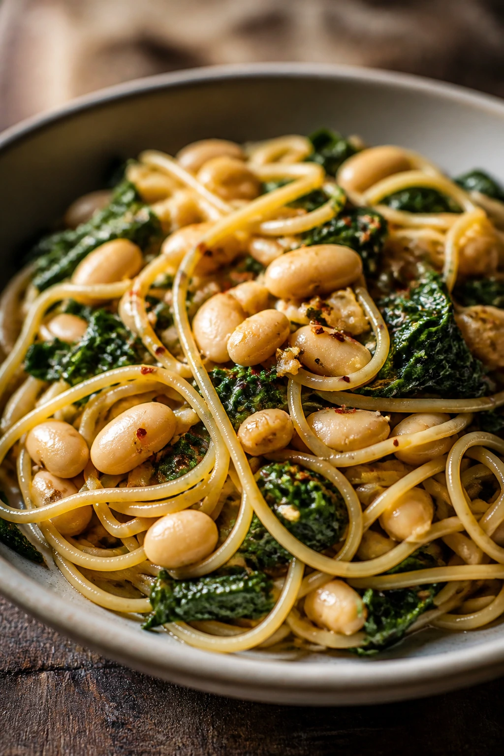 Plated spaghetti with beans and greens in garlic oil