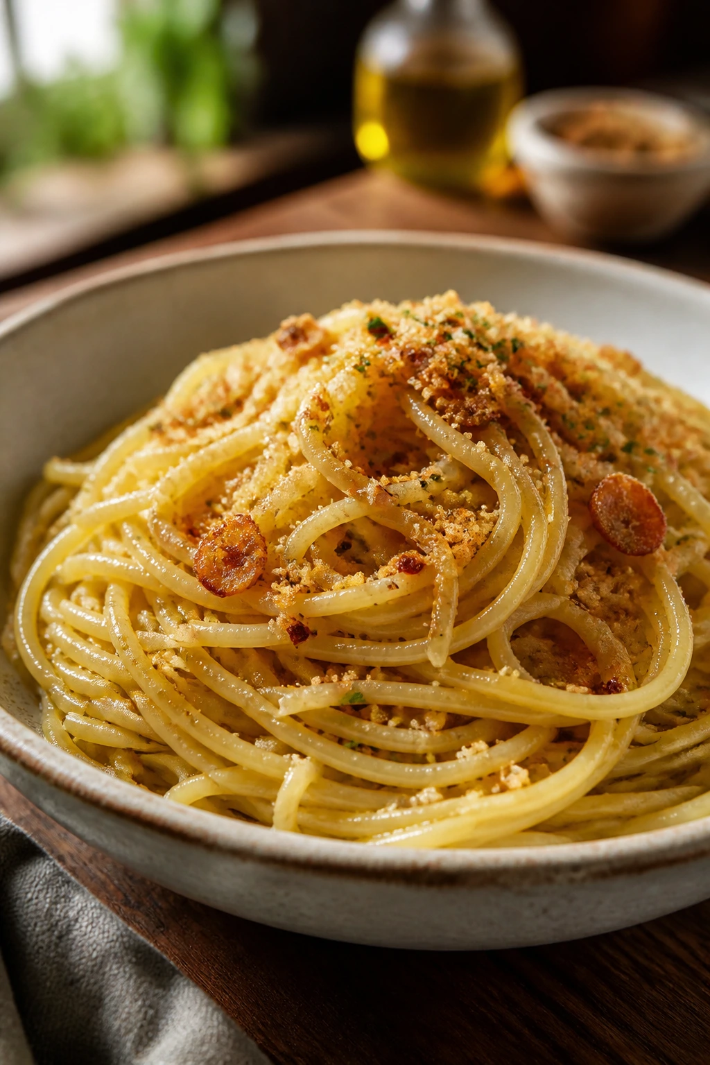 Close-up plate of spaghetti aglio e olio with toasted breadcrumbs in a warm kitchen