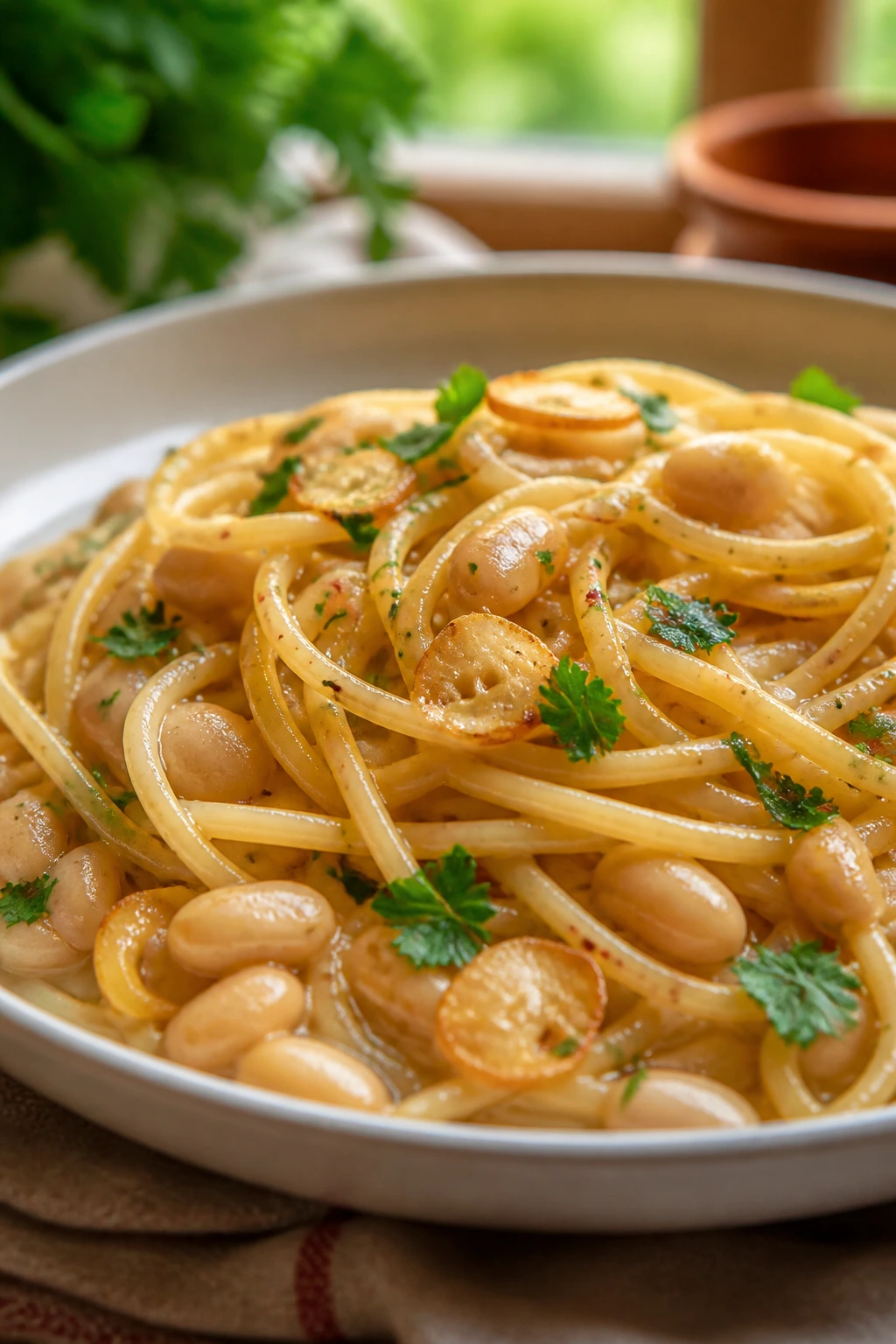 Close-up of spaghetti with white beans on a plate, olive oil and garlic visible