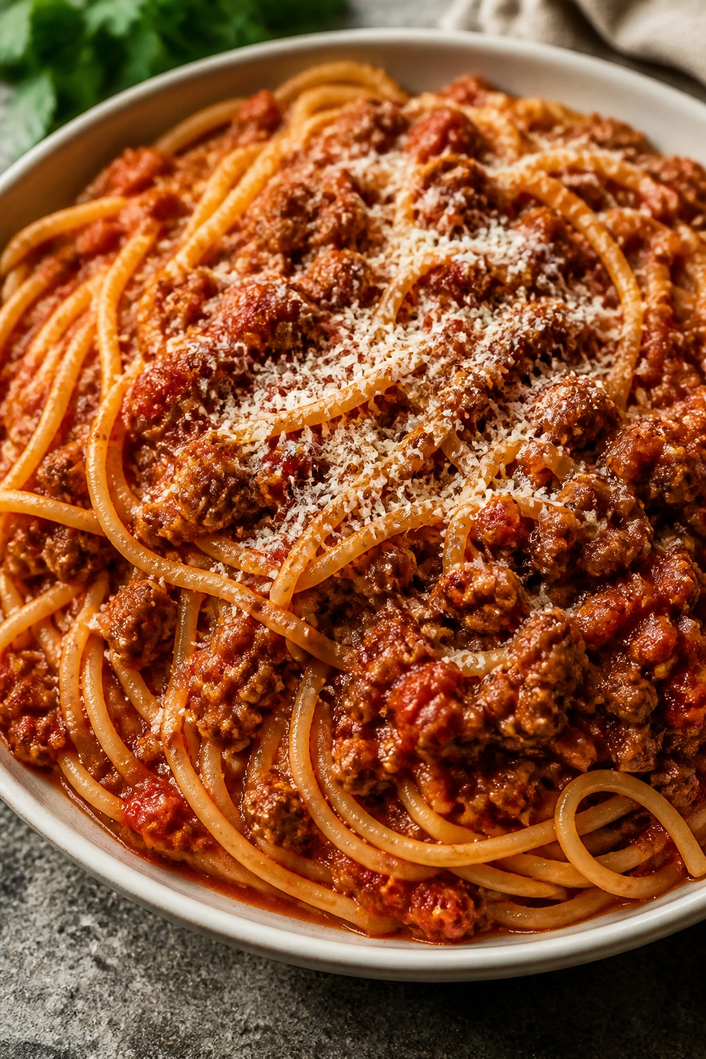 Close-up of Spaghetti with Beef Tomato Sauce on a plate