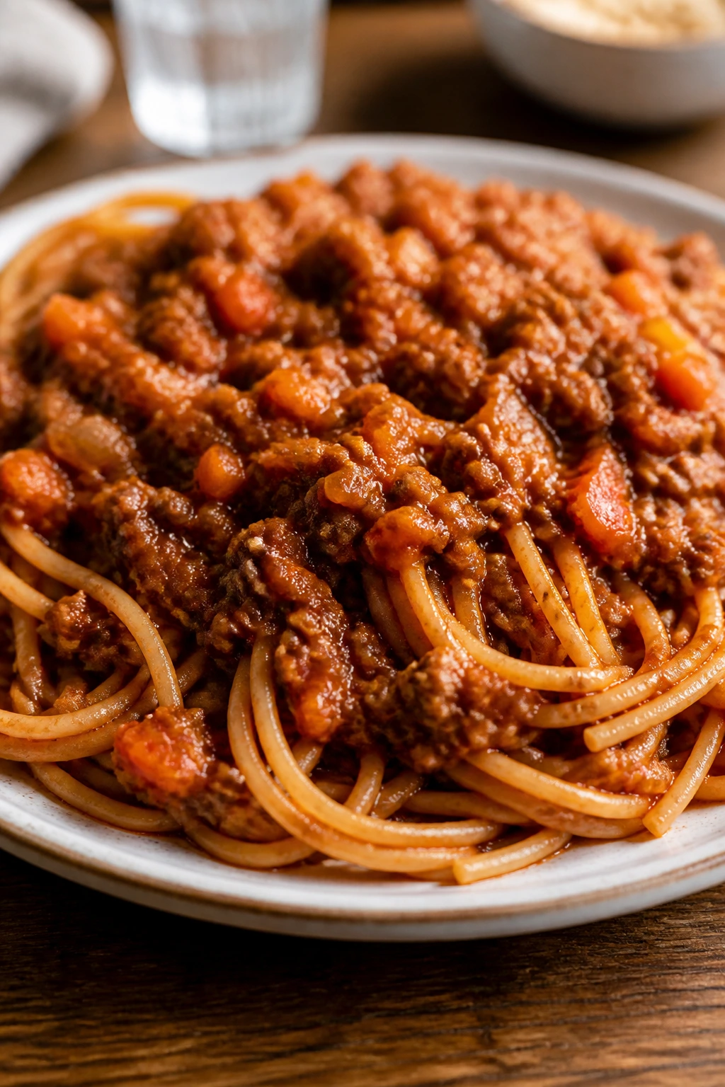 Close-up of spaghetti with beef and hidden vegetables sauce on plate