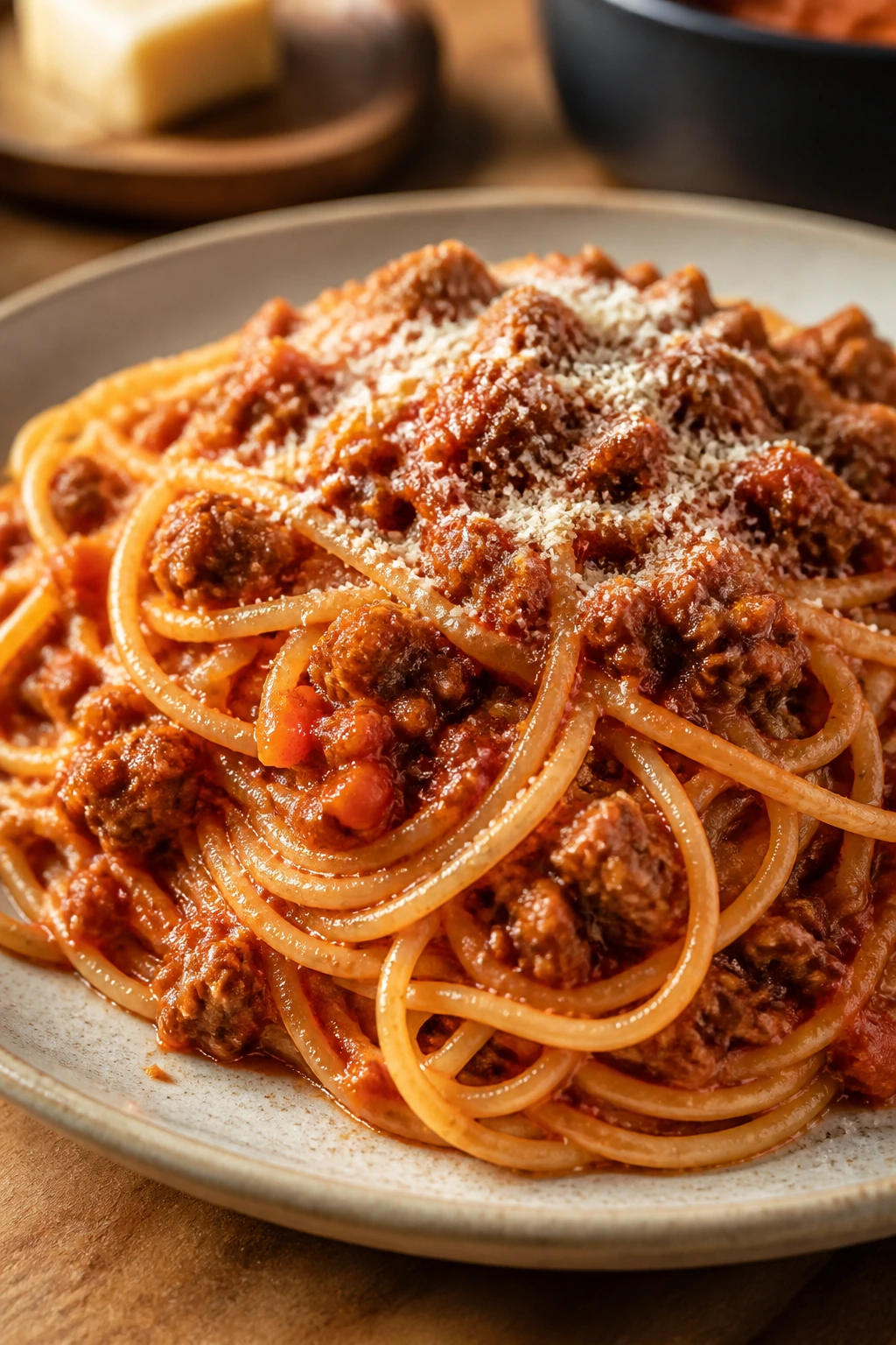 Plate of spaghetti with rich Bolognese sauce and Parmesan.