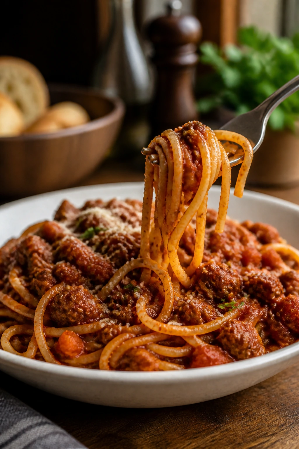 Plate of spaghetti with rich bolognese sauce.