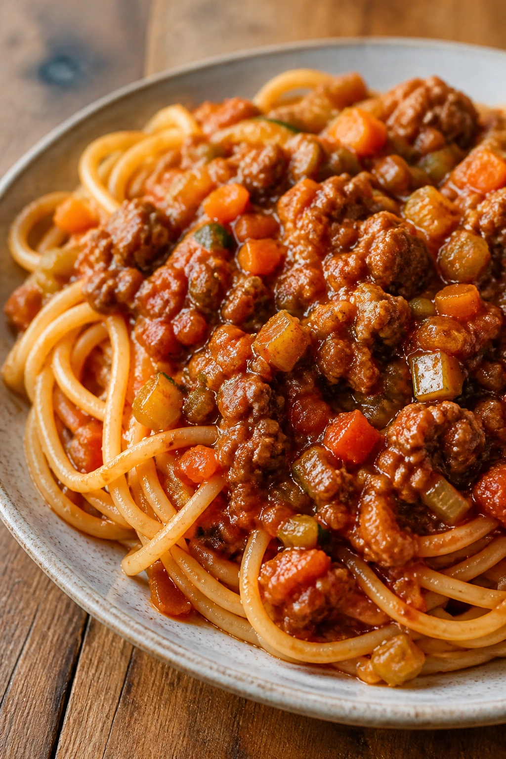 Plate of veggie-packed spaghetti Bolognese with visible diced vegetables