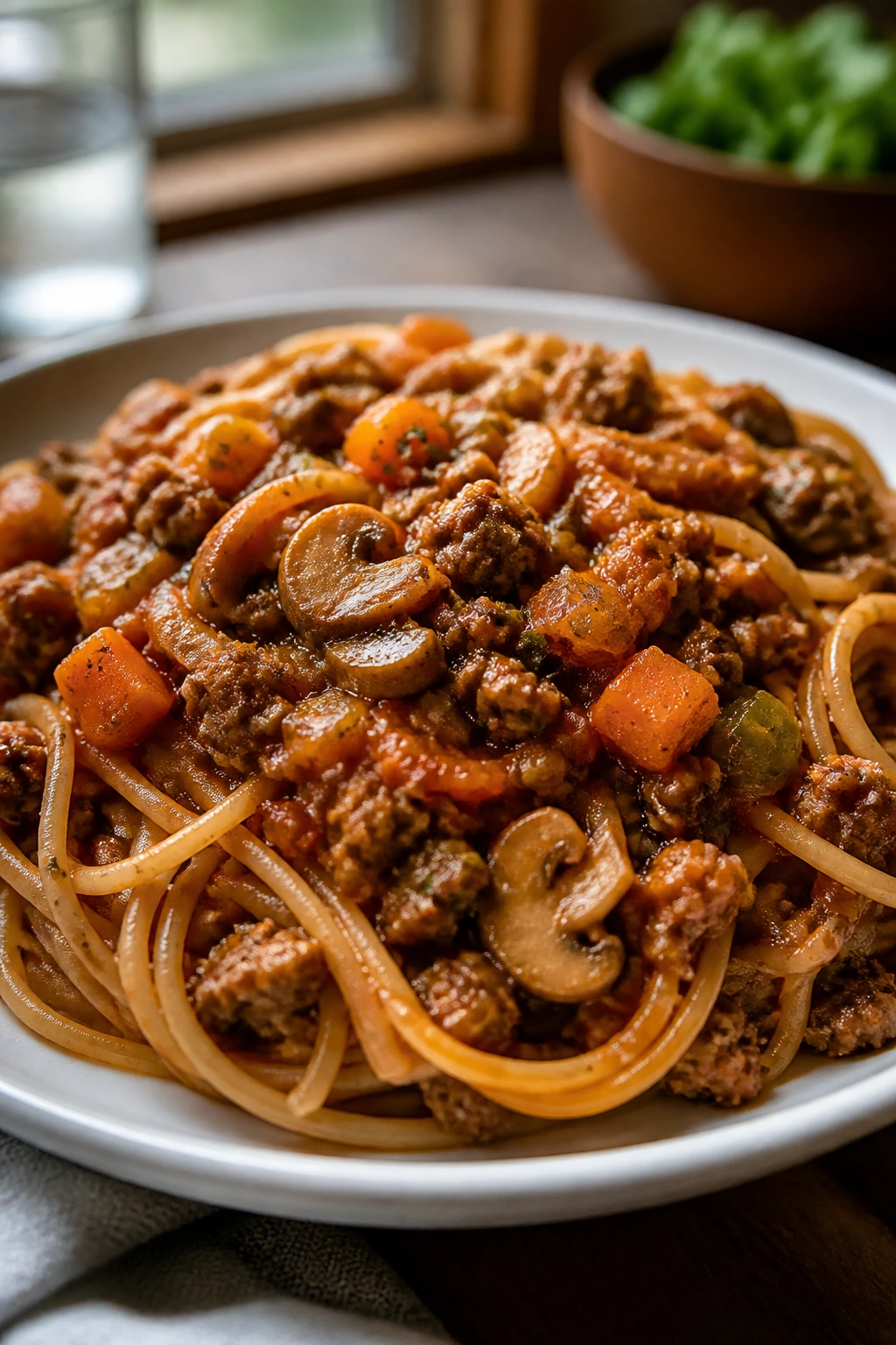 Close-up of veggie-packed spaghetti bolognese on a plate