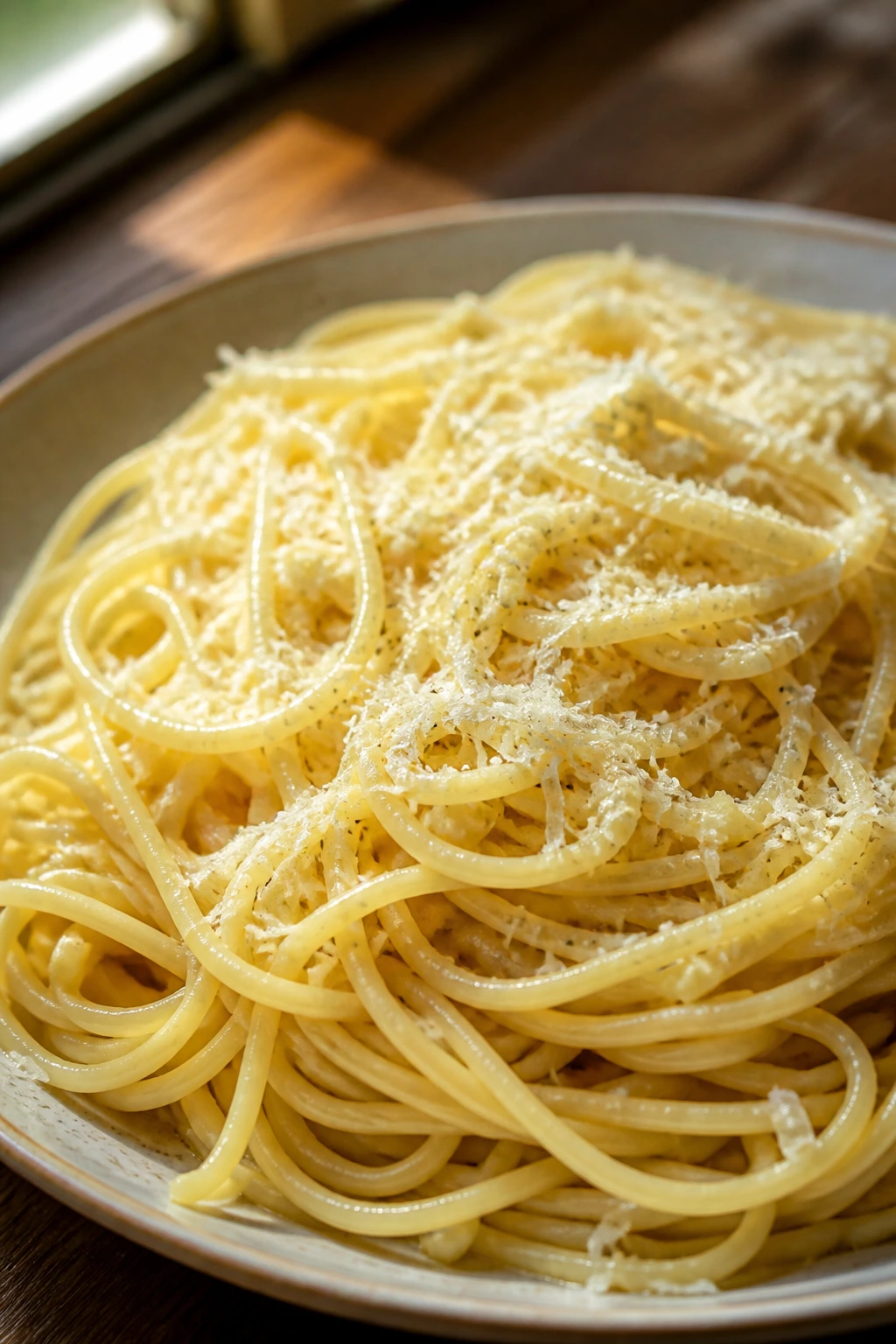 Close-up of butter-garlic parmesan spaghetti filling the plate