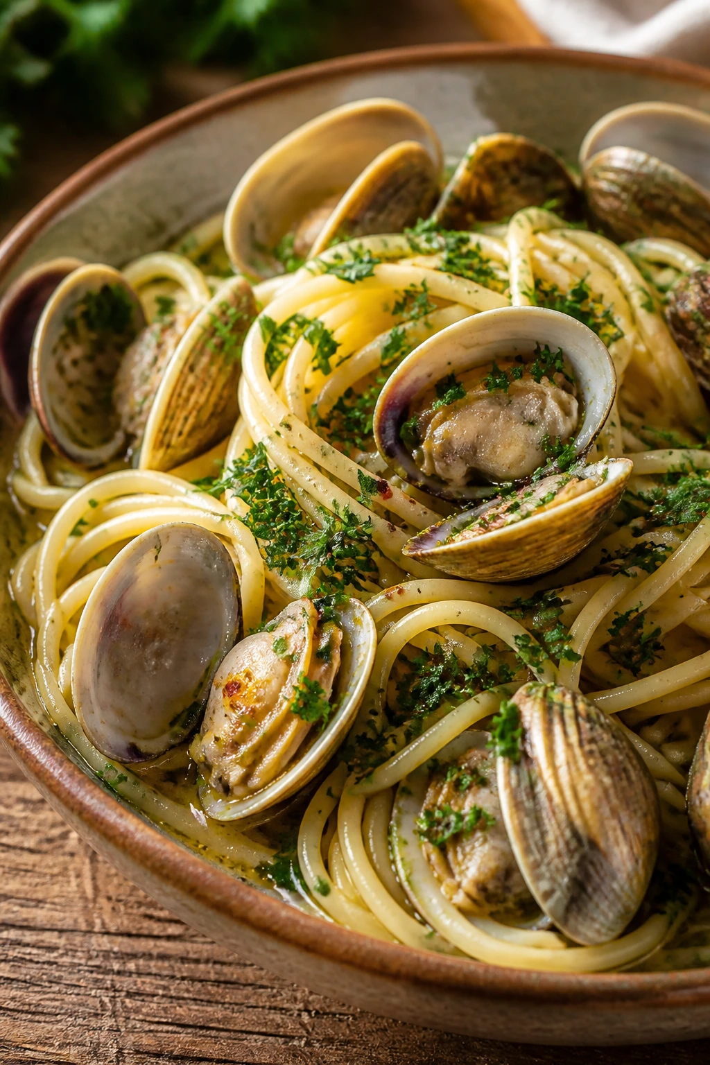 Close-up of Spaghetti with Clams and Parsley in a bowl