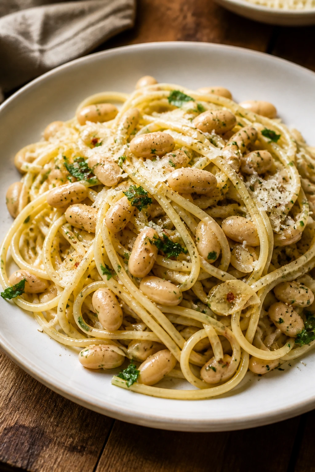 Plate of spaghetti with garlic oil, white beans and parsley on rustic table