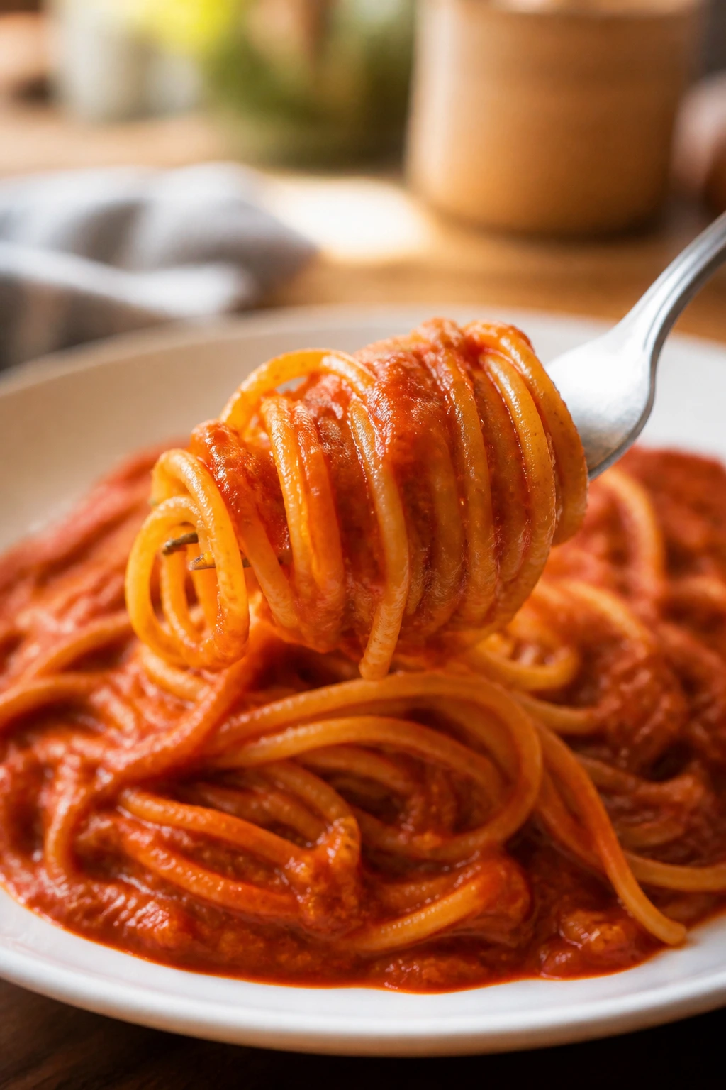 Plate of spaghetti with red sauce and hidden vegetables