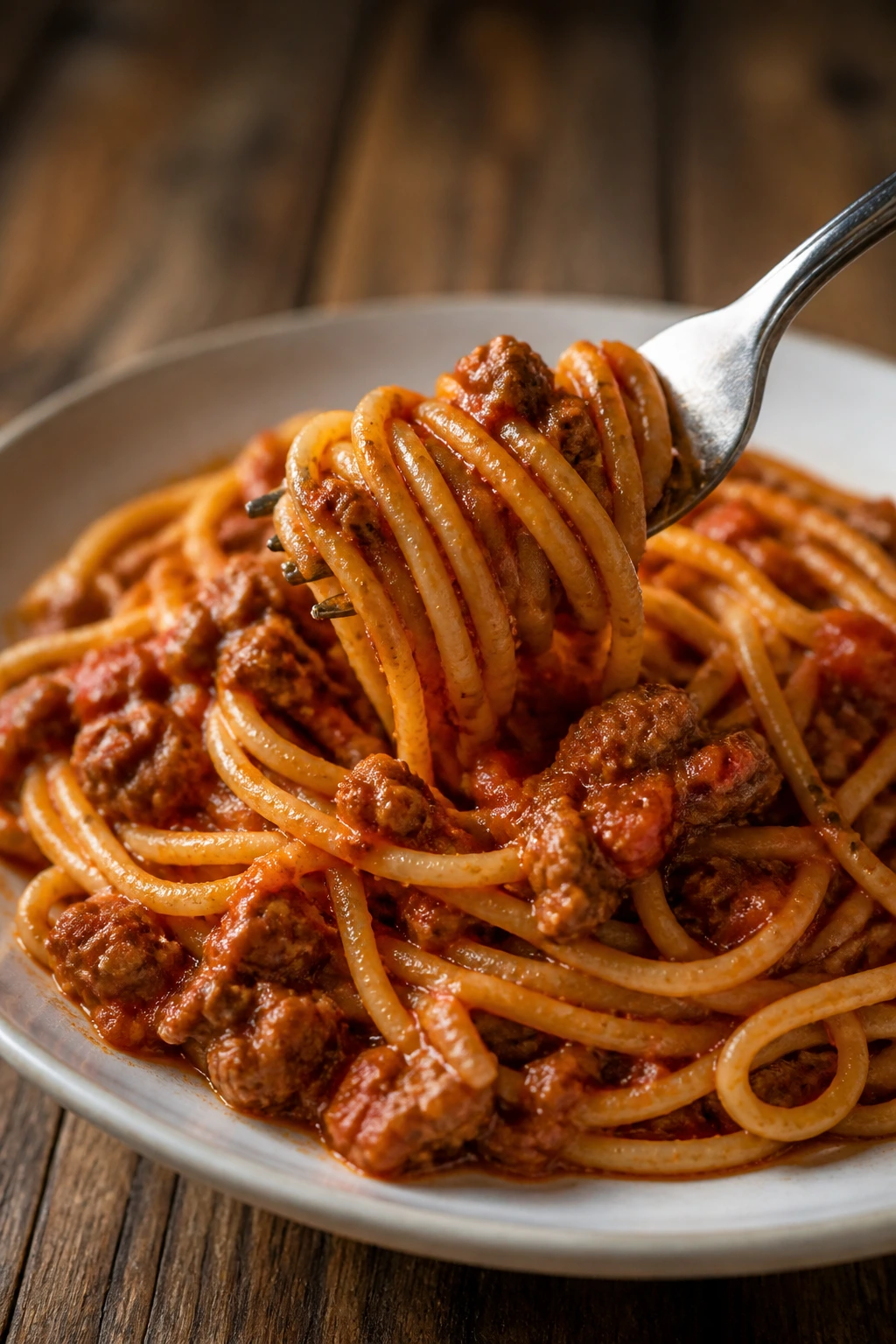 Plate of spaghetti with meat sauce with a fork twirling the pasta