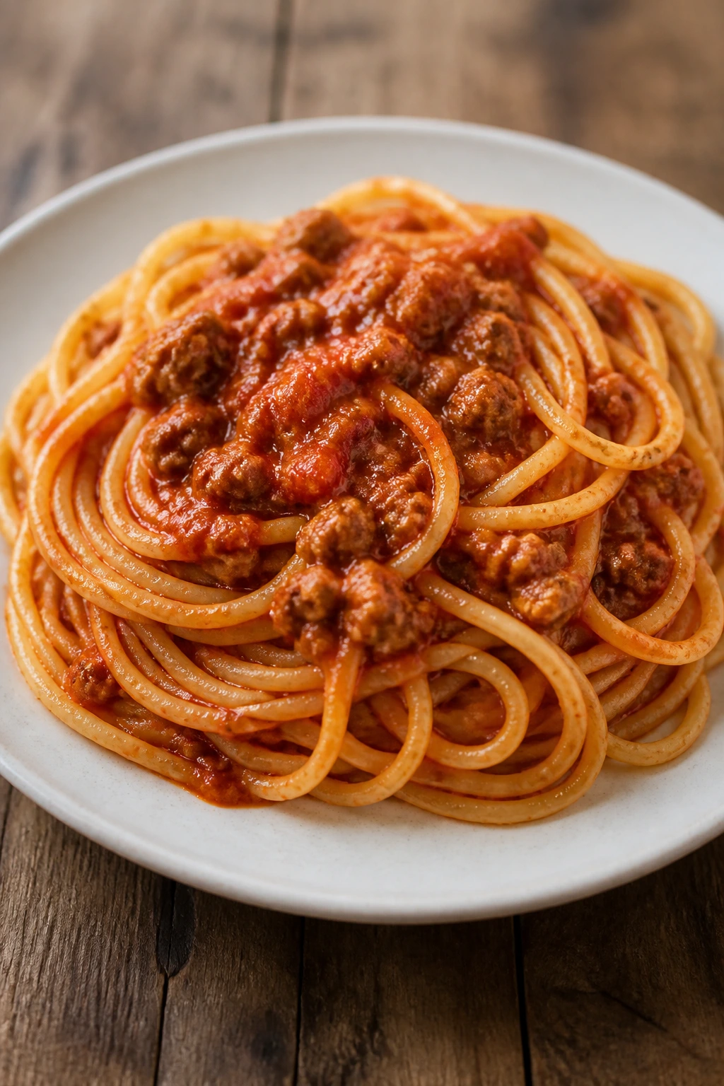 Spaghetti with meat sauce on a rustic plate in a home kitchen