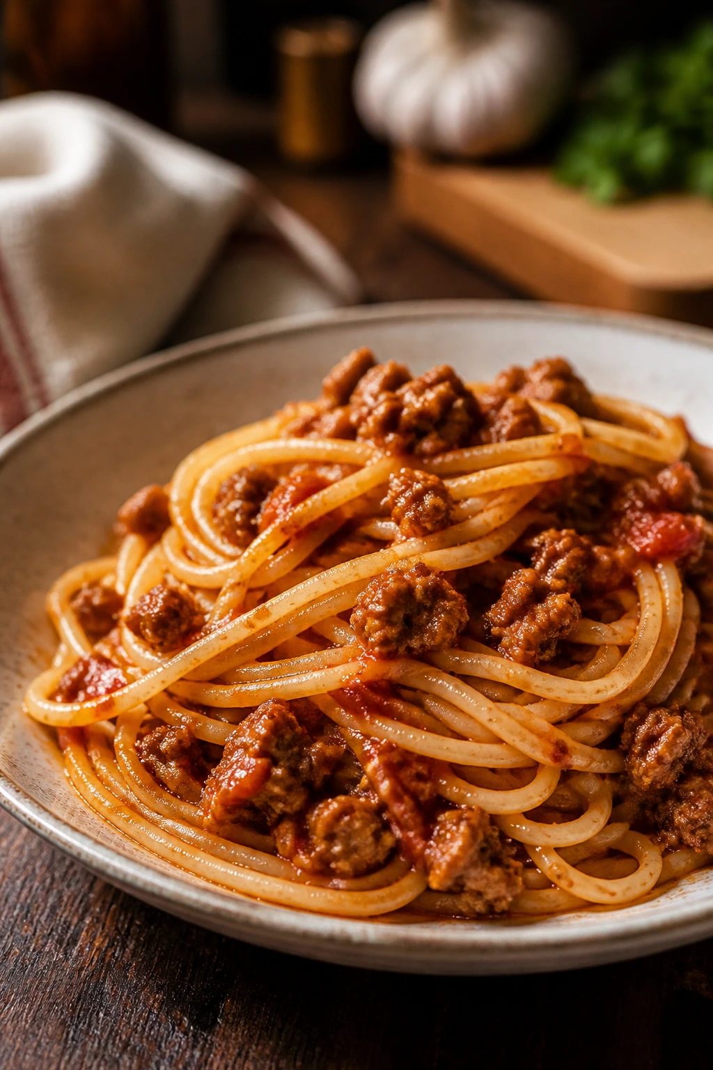 Plate of spaghetti with meat sauce in a rustic kitchen setting