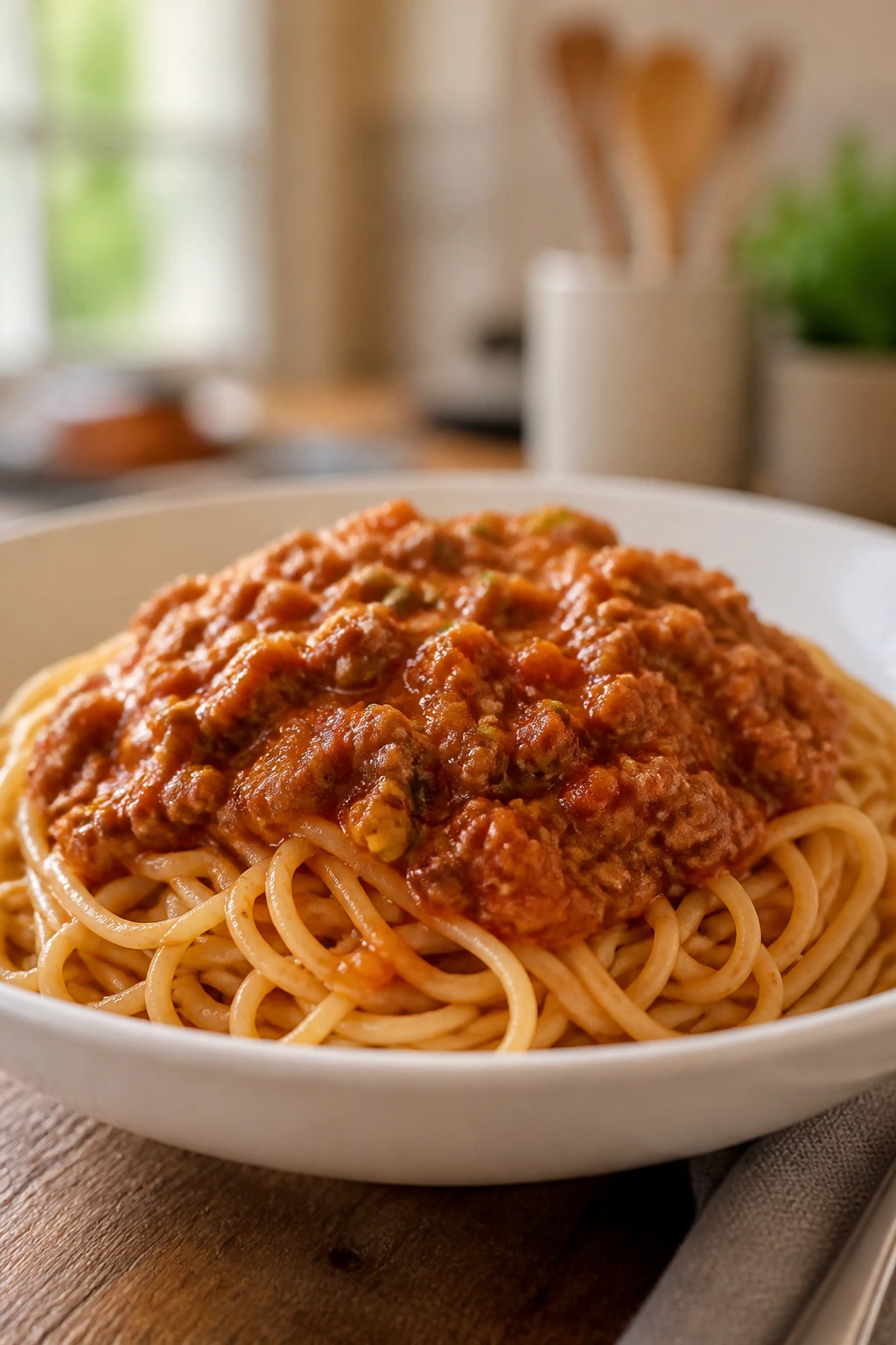 Plate of spaghetti with meat sauce blended with grated veggies