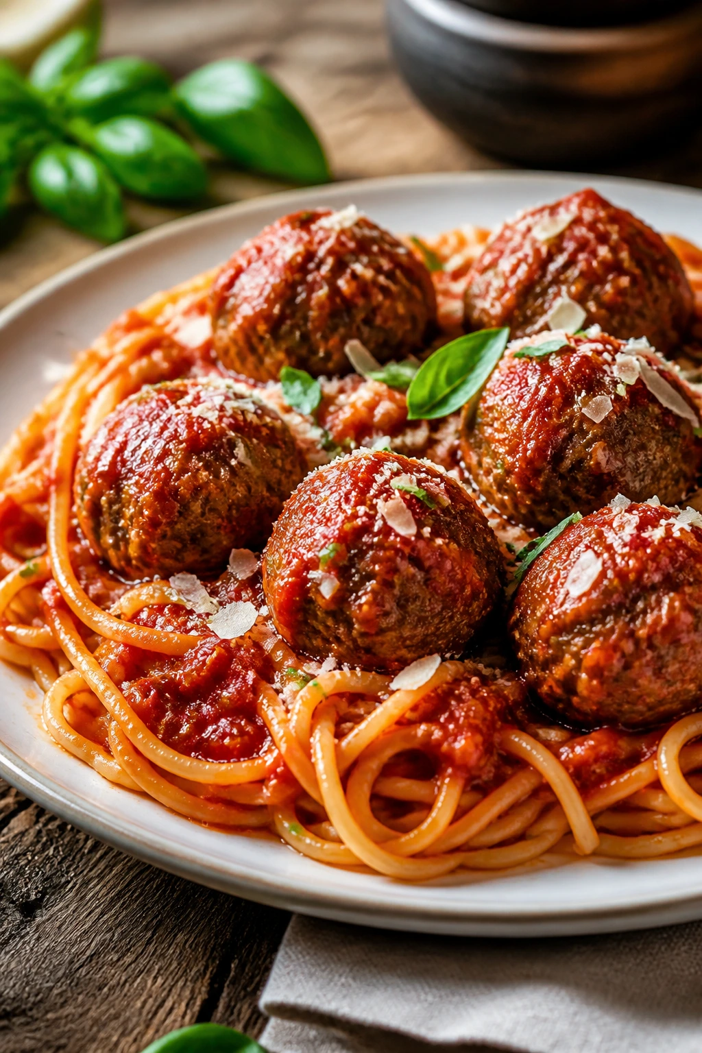 Close-up of spaghetti with meatballs in tomato sauce