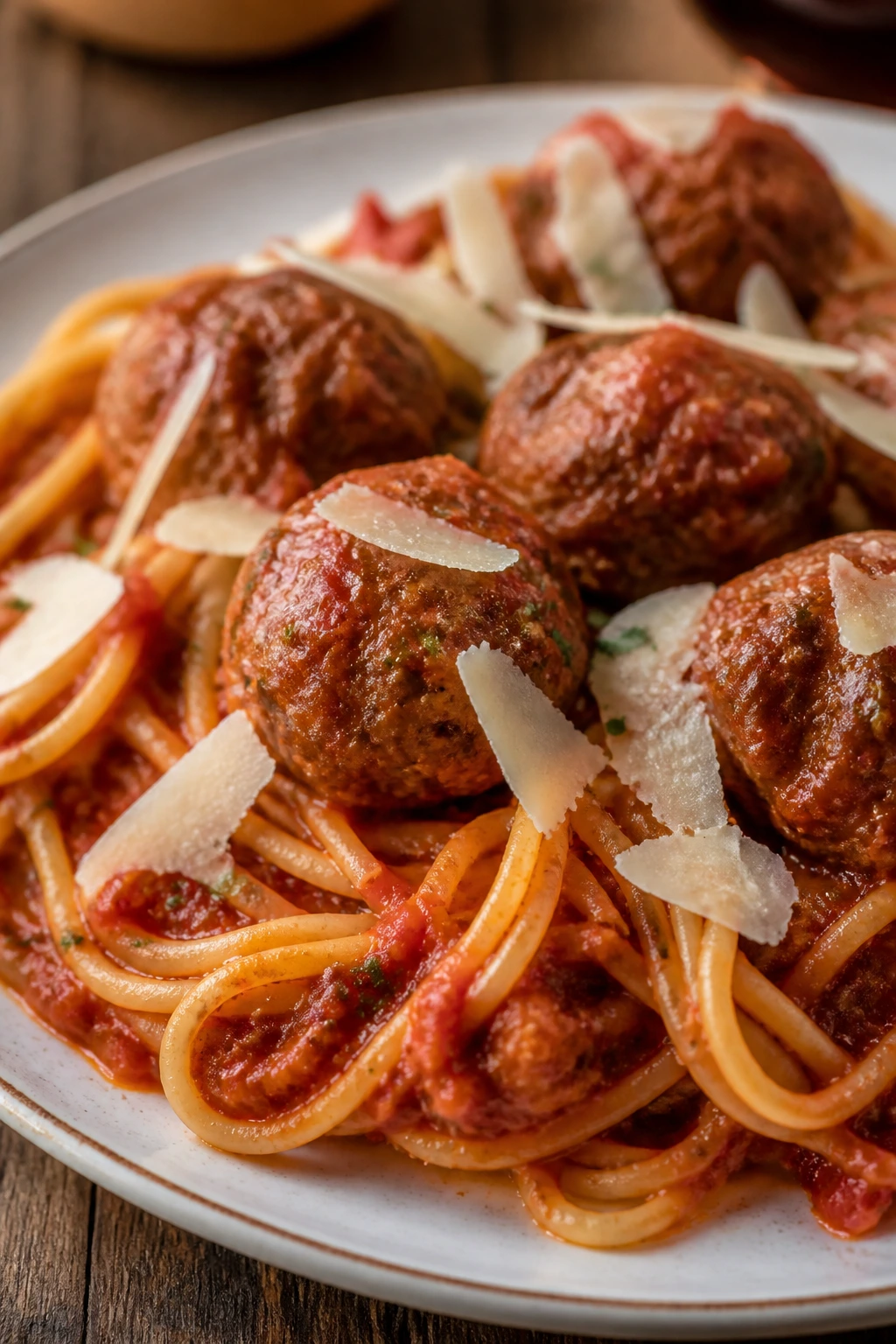 Plate of spaghetti and meatballs in marinara sauce with parmesan