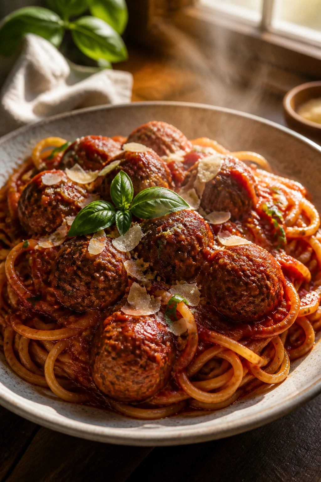 Plate of spaghetti and meatballs with parmesan and basil on a rustic wooden table