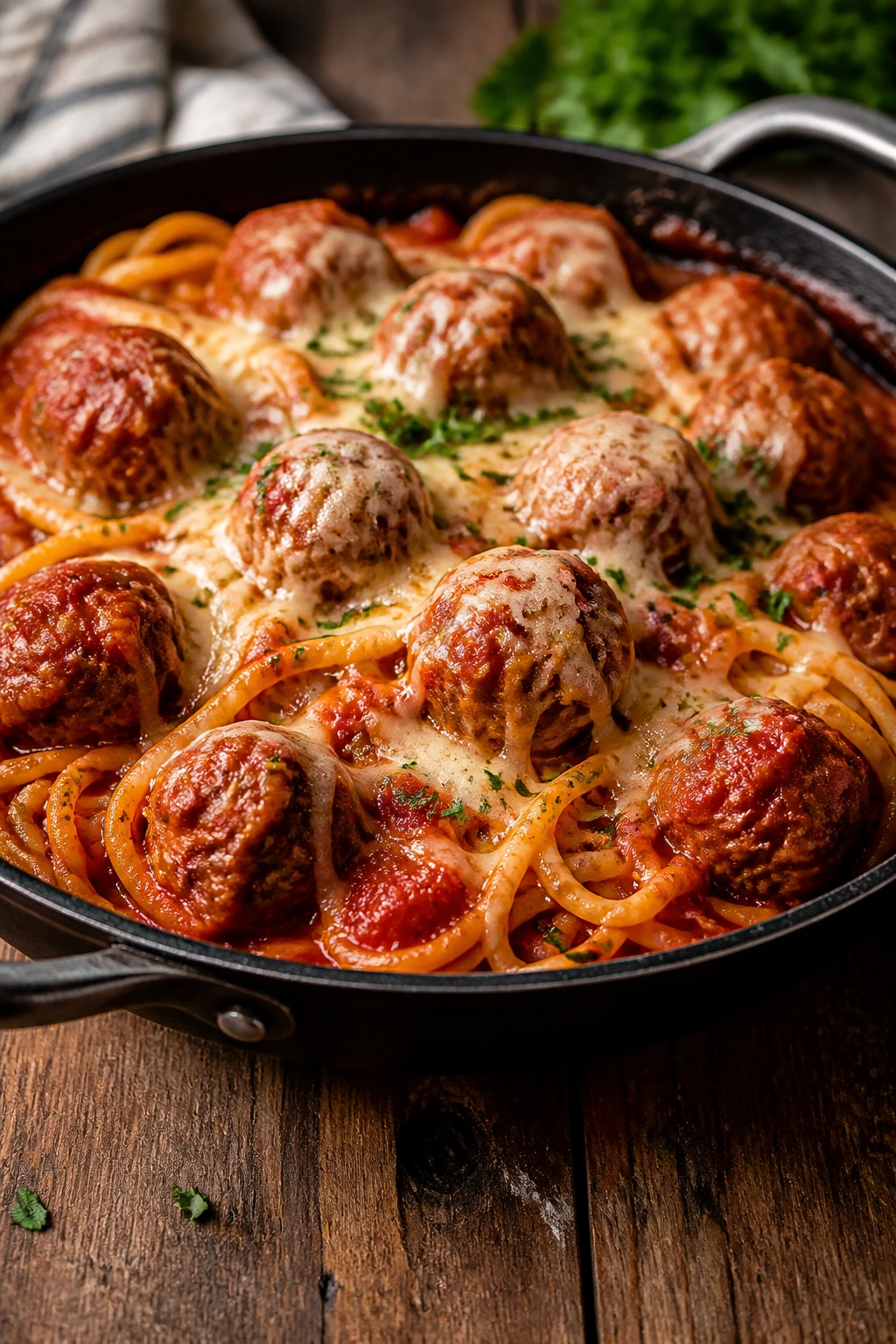 Spaghetti and meatballs in a skillet, glossy sauce and melted cheese.