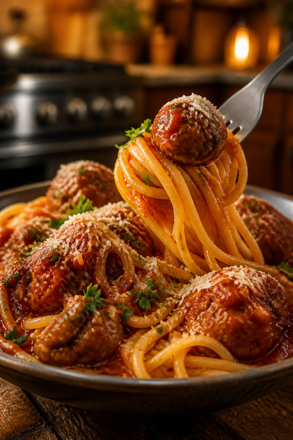 Fork twirling spaghetti and meatballs in tomato sauce on a plate