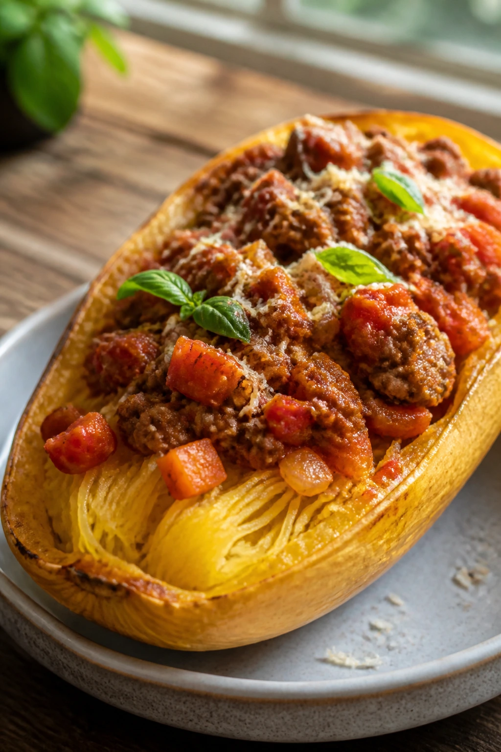 Close-up of roasted spaghetti squash strands with beef bolognese sauce