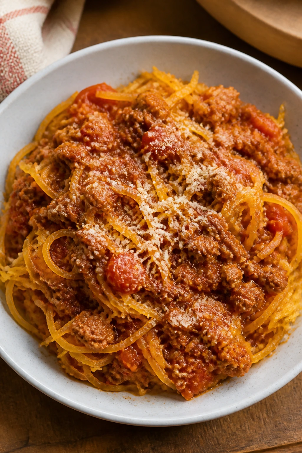 Bowl of spaghetti squash with meat sauce and parmesan on a warm kitchen counter.