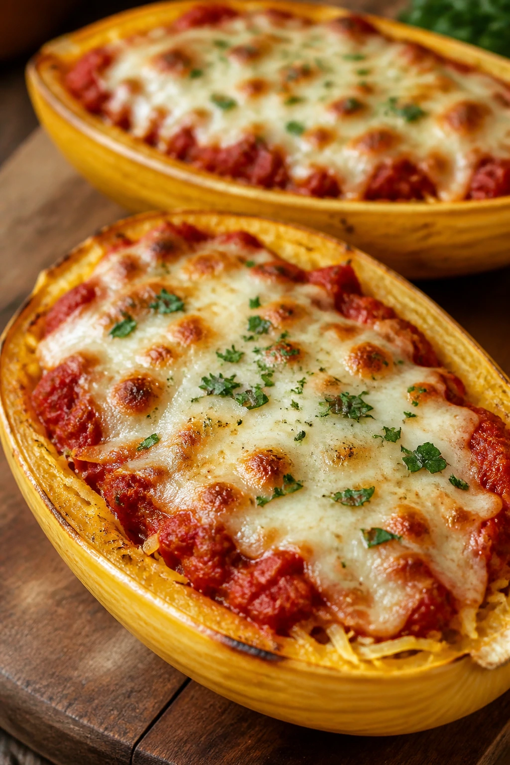 Spaghetti squash boats stuffed with marinara and cheese on a wooden board