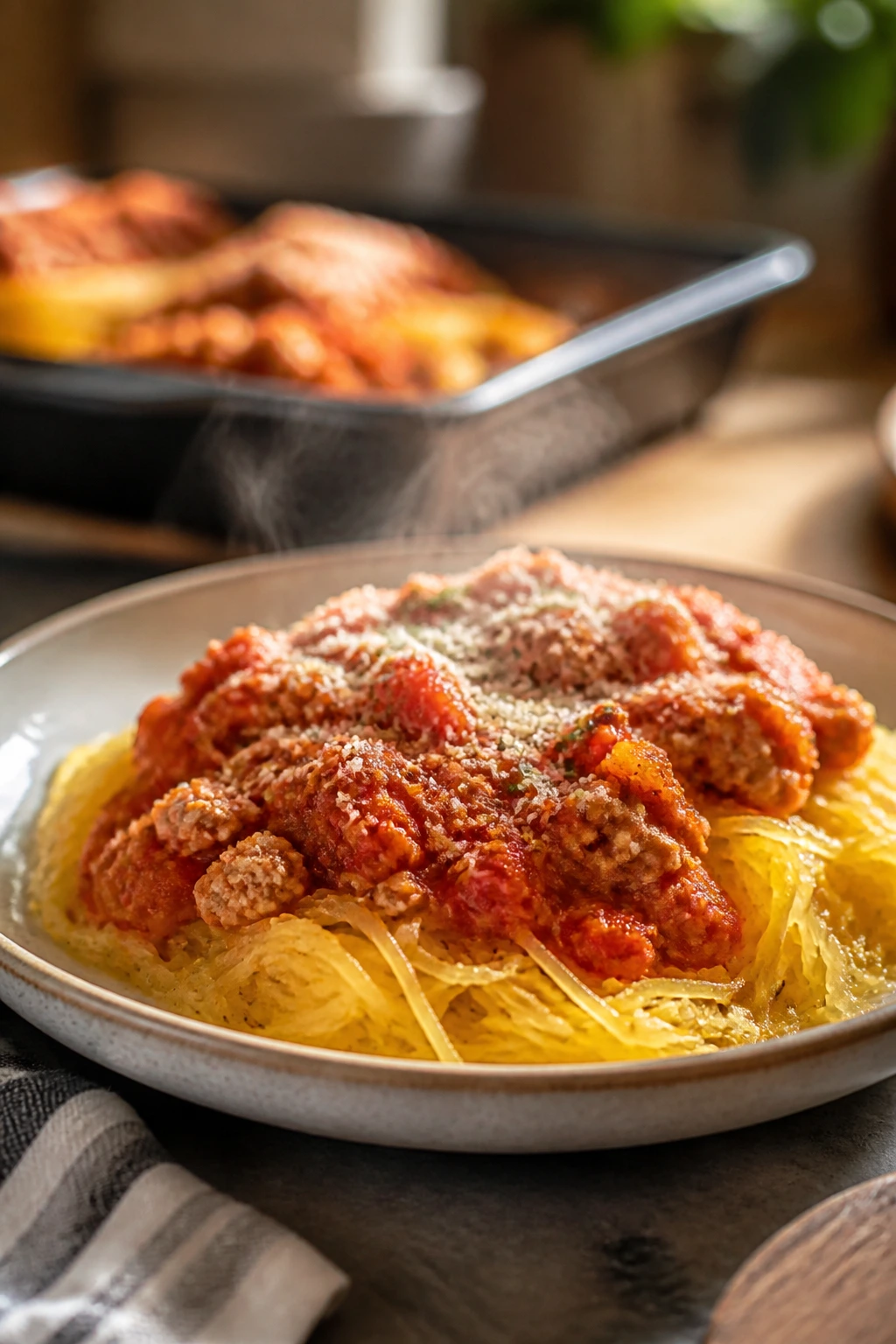 Plate of spaghetti squash with turkey marinara and parmesan